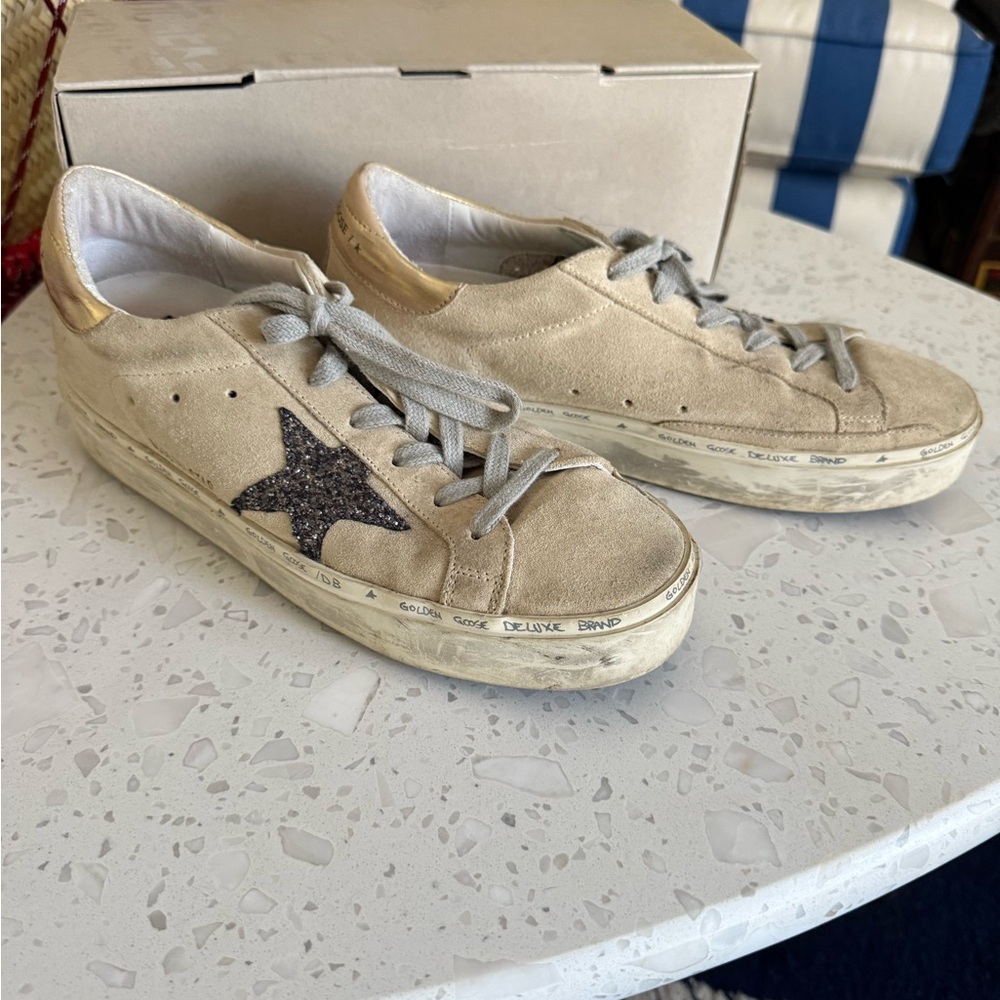 Golden Goose super star beige and silver Sabot Sneakers with Glitter Star